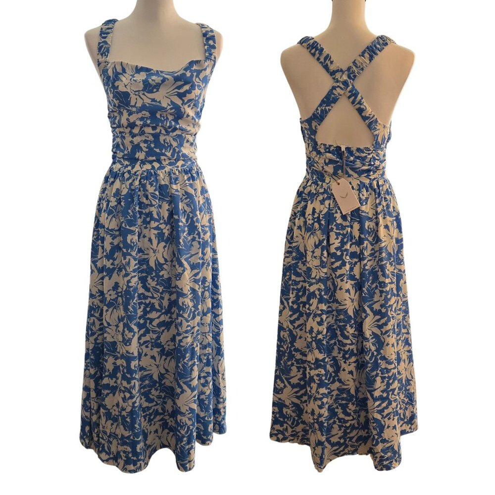 FREE THE ROSSES Floral Cross Back Maxi Dress Sz: S Blue/White